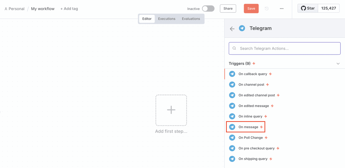 Il nodo Telegram trigger On message su n8n