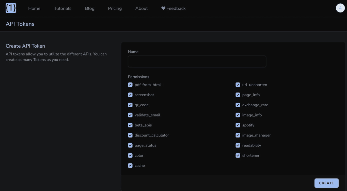 Menu di configurazione del token di OneSimpleAPI