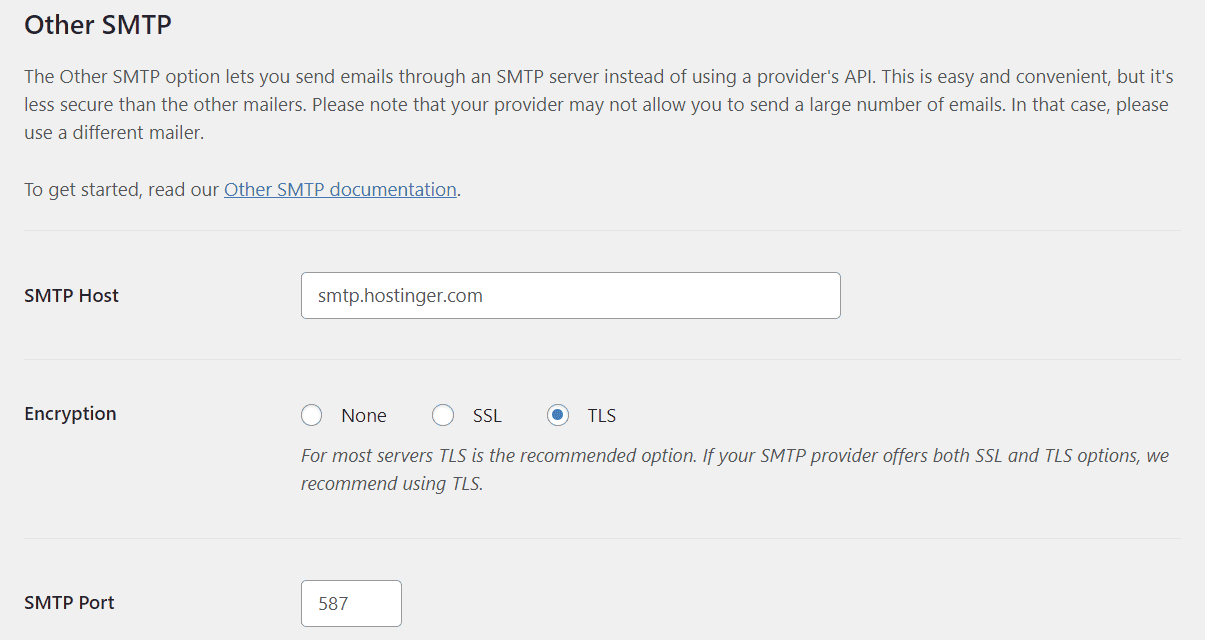 Campo di documentazione SMTP diverso con host SMTP, crittografia TLS e numero di porta compilati