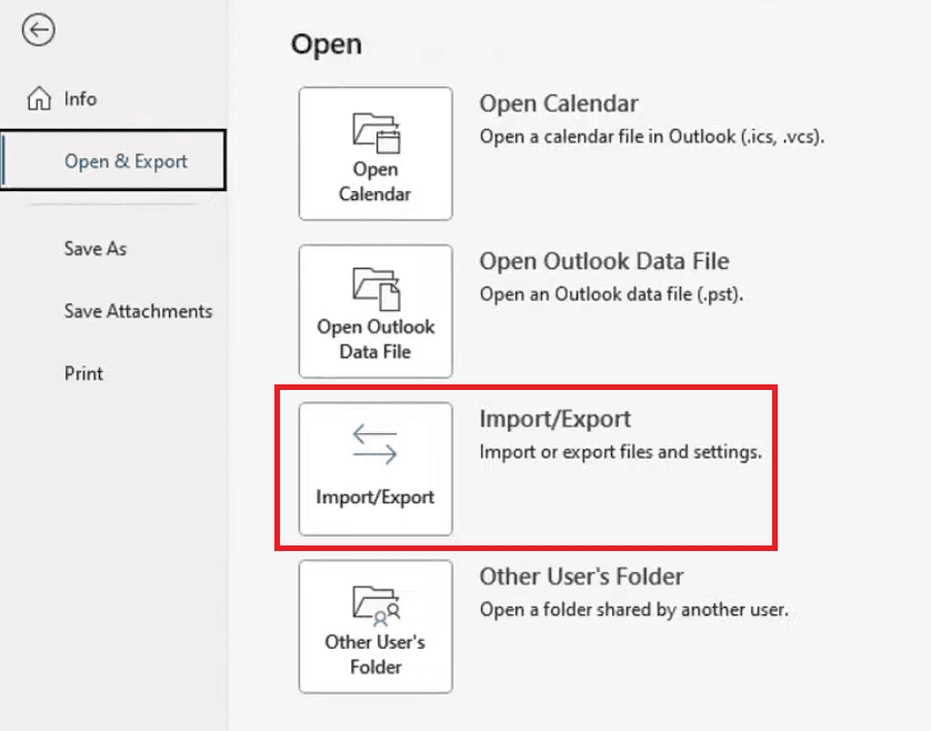 Selezione dell'opzione Importa/Esporta su Outlook