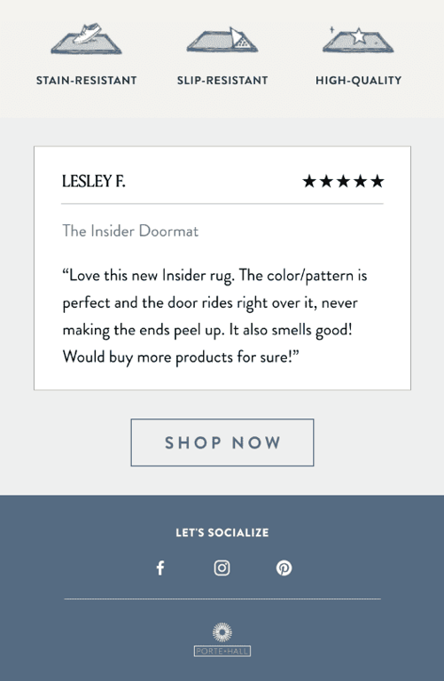 Campagna email di Porte + Hall che mostra una recensione del cliente e le icone dei social