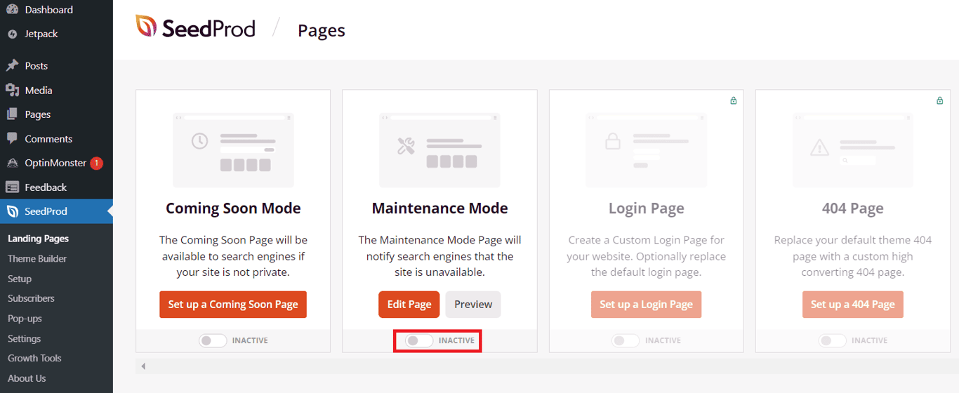 Il menu della Landing page del plugin SeedProd con il pulsante di attivazione/disattivazione Inattivo evidenziato in Modalità manutenzione.