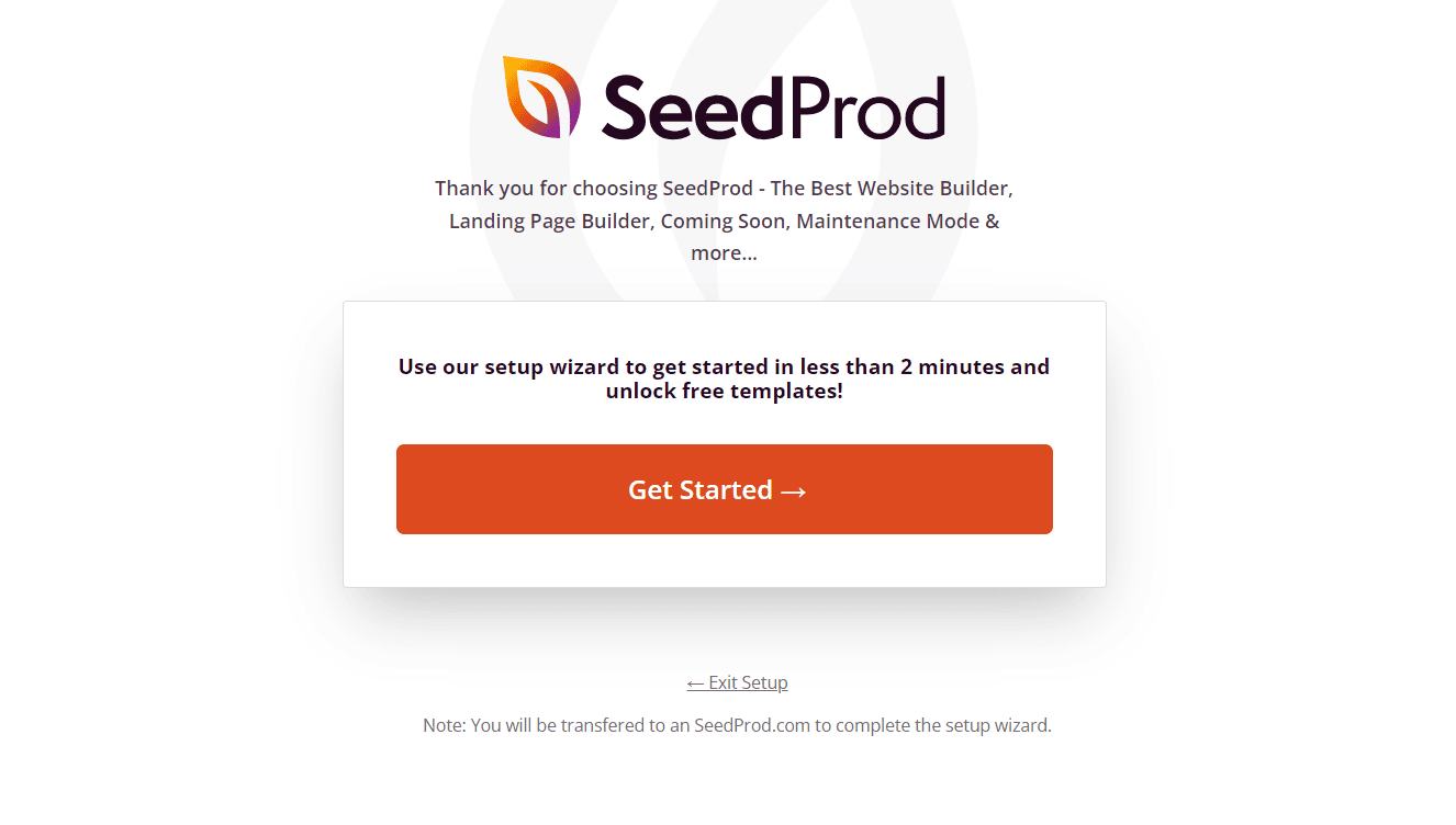 Pagina della procedura guidata di configurazione iniziale di SeedProd.