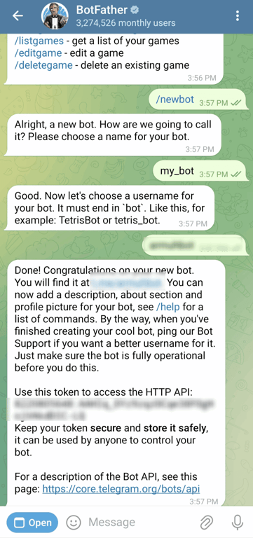 Conversazioni con @BotFather su Telegram per creare un nuovo bot