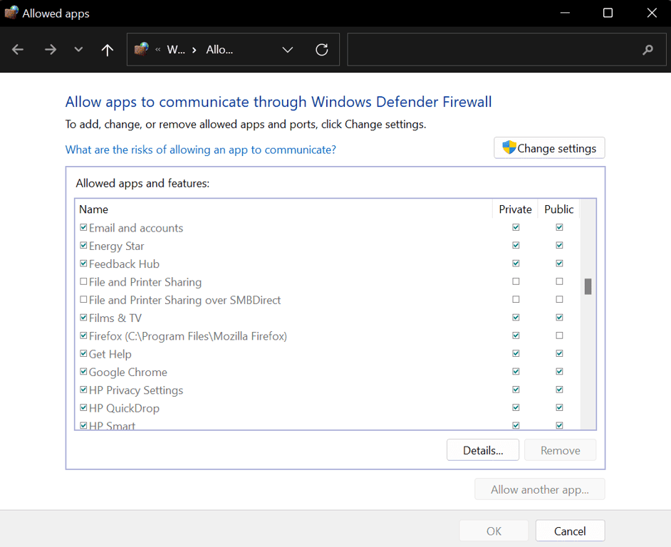 L'elenco delle app consentite nel firewall di Windows Defender