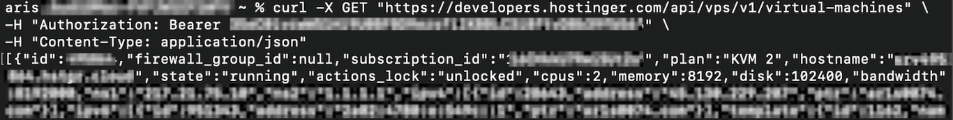 Output della chiamata API del comando cURL