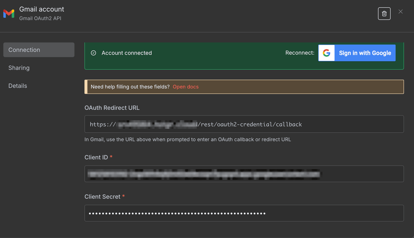 Il menu di configurazione delle credenziali di Gmail su n8n