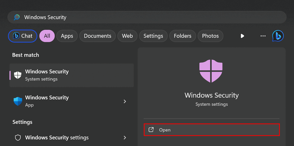 Risultati della ricerca di Sicurezza di Windows su Windows