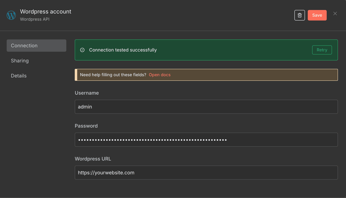 Il menu di configurazione delle credenziali del nodo WordPress