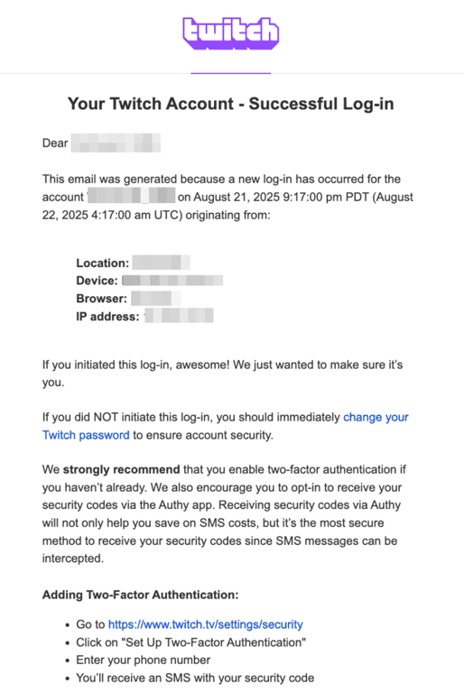 Email di conferma del login di Twitch