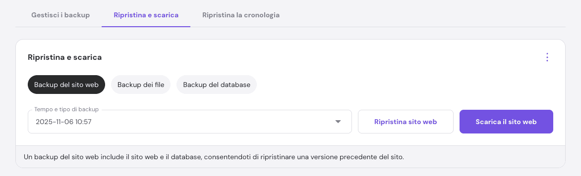 La sezione Backup sull'hPanel. L'opzione Backup del sito web è selezionata