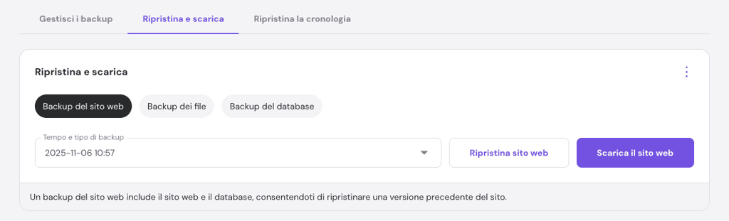 La sezione Backup sull'hPanel. L'opzione Backup del sito web è selezionata
