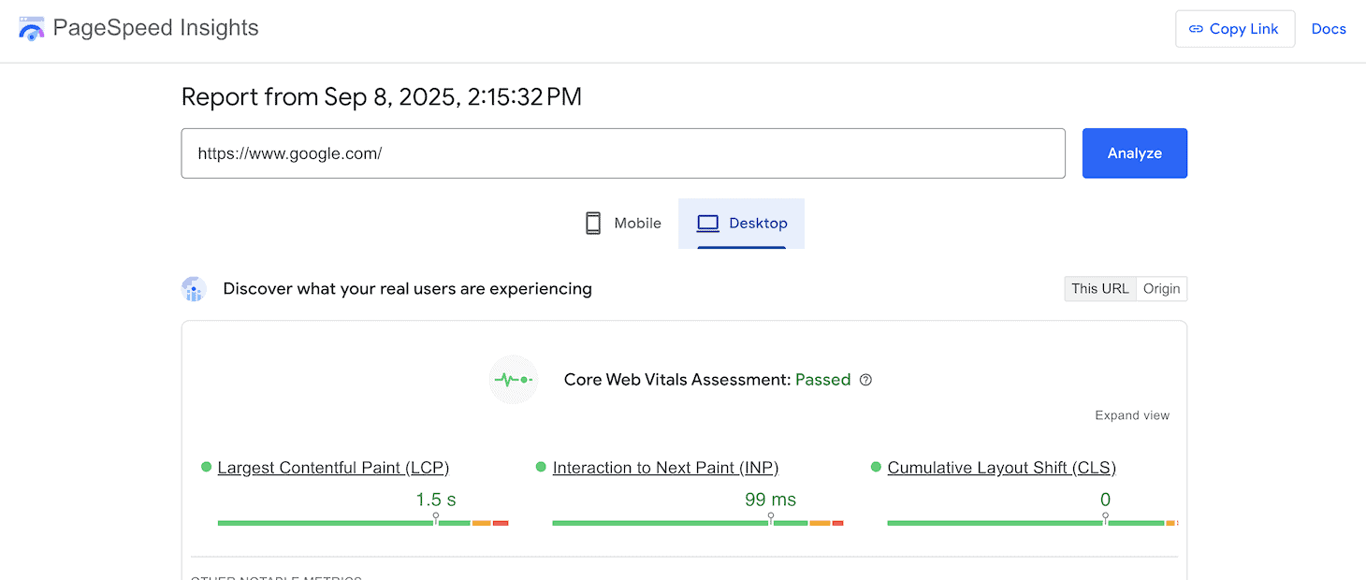 Un risultato dell'analisi di PageSpeed Insights