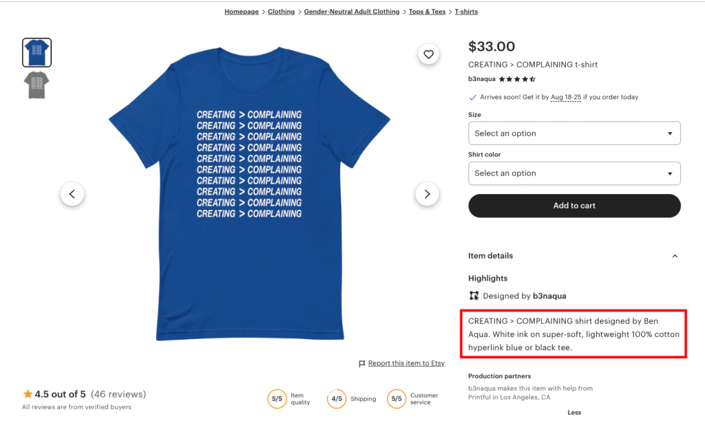 Pagina del prodotto di b3naqua che evidenzia la descrizione del prodotto e dichiara il coinvolgimento diretto del venditore nel processo di progettazione