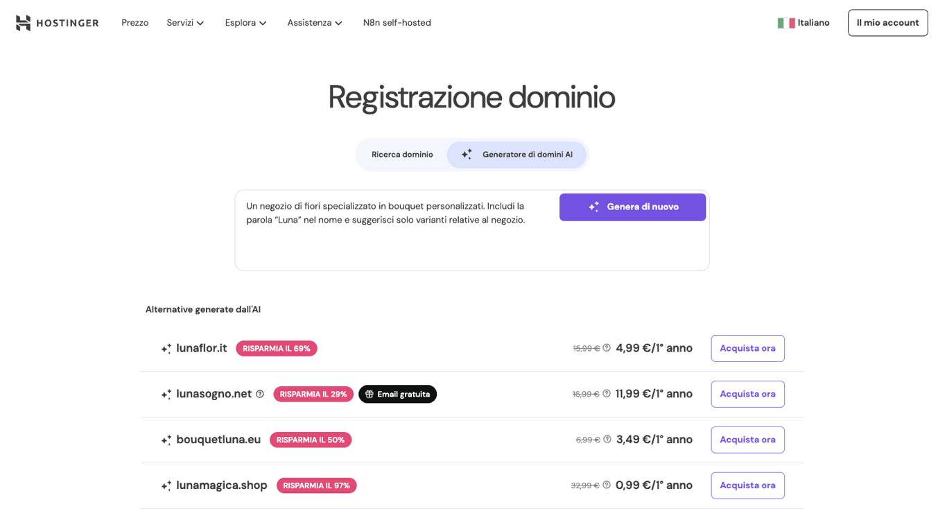 Il generatore di domini AI di Hostinger che mostra le opzioni in base al prompt