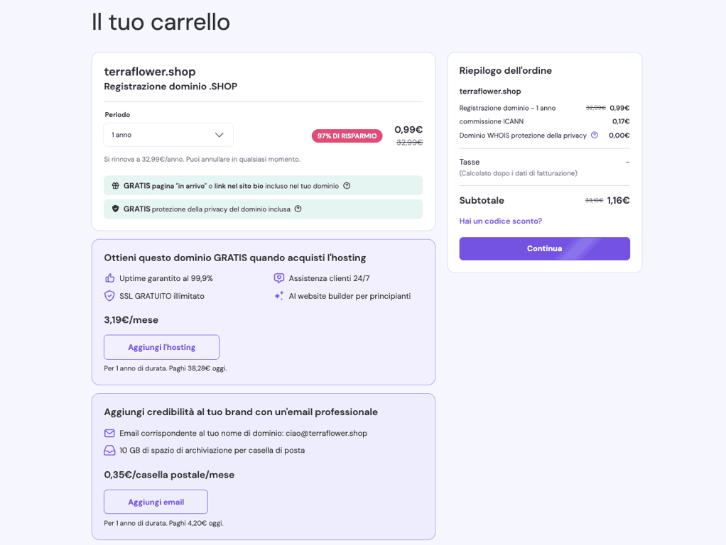 Pagina del carrello di Hostinger
