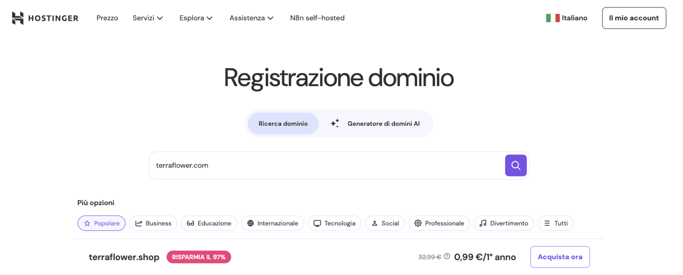 La ricerca di nomi di dominio di Hostinger, che mostra alternative per un dominio gi&agrave; preso