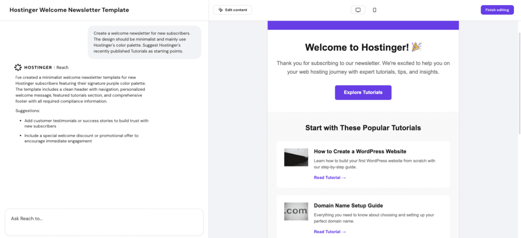 Editor dei template di Hostinger Reach
