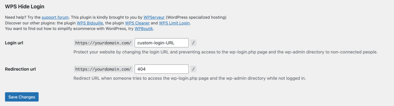 La sezione WPS Hide Login nelle impostazioni di WordPress