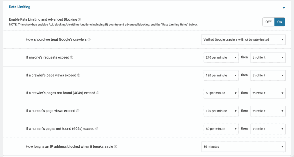 Opzioni di limitazione del tasso di Wordfence