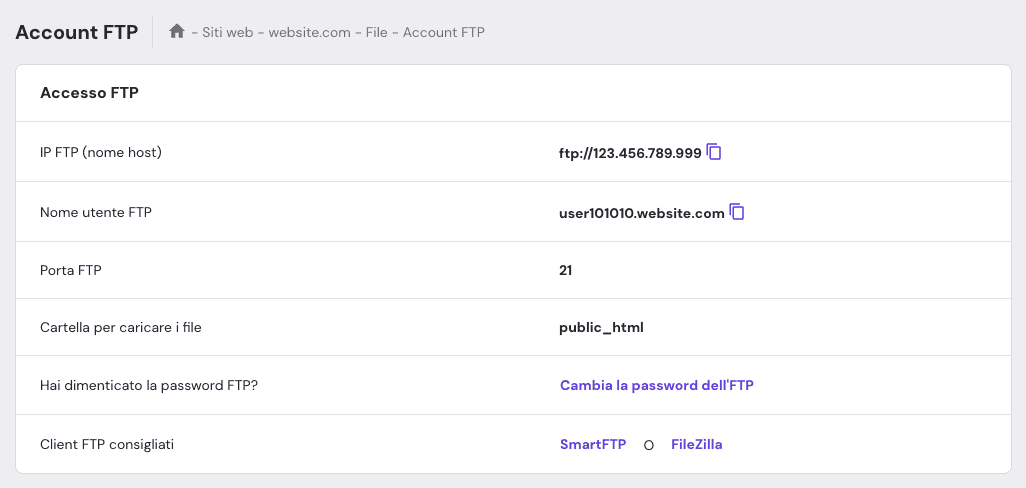 Dettagli dell'account FTP
