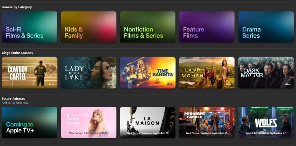 Schermata del catalogo VOD di Apple, raggruppato per categorie e generi, che mostra il design familiare scelto dalla maggior parte dei servizi di streaming.
