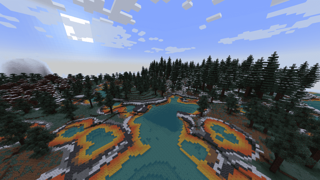 Immagine che mostra un bioma di Minecraft con alberi sempreverdi innevati e acqua limpida con coste colorate di arancione.