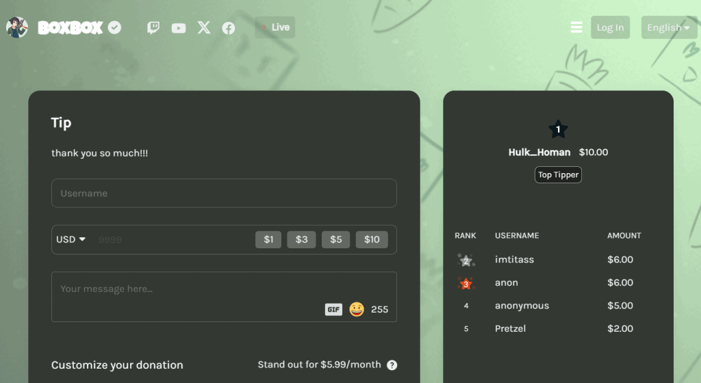 Pagina di donazione BoxBox Streamlabs
