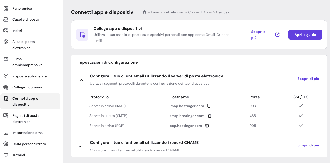 Le impostazioni di configurazione nel menu Email di hPanel con i dettagli del server in uscita (SMTP) evidenziati