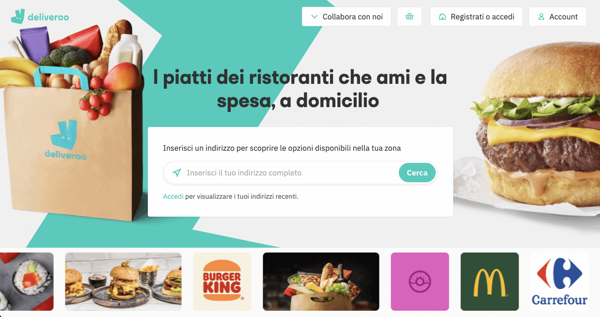 Pagina di destinazione di Deliveroo per le consegne
