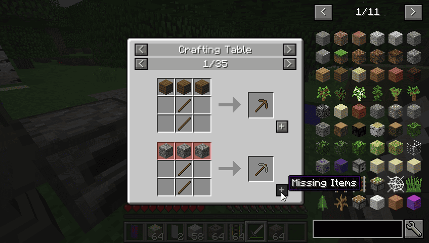 Schermata di Minecraft che mostra una tabella di crafting con le ricette disponibili