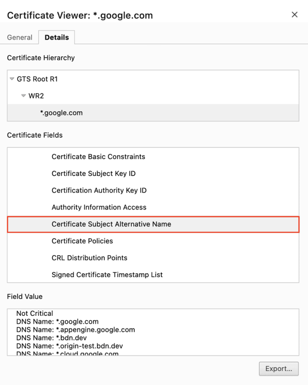 Il campo Nome alternativo del soggetto del certificato nella finestra Visualizzatore certificati di Google Chrome