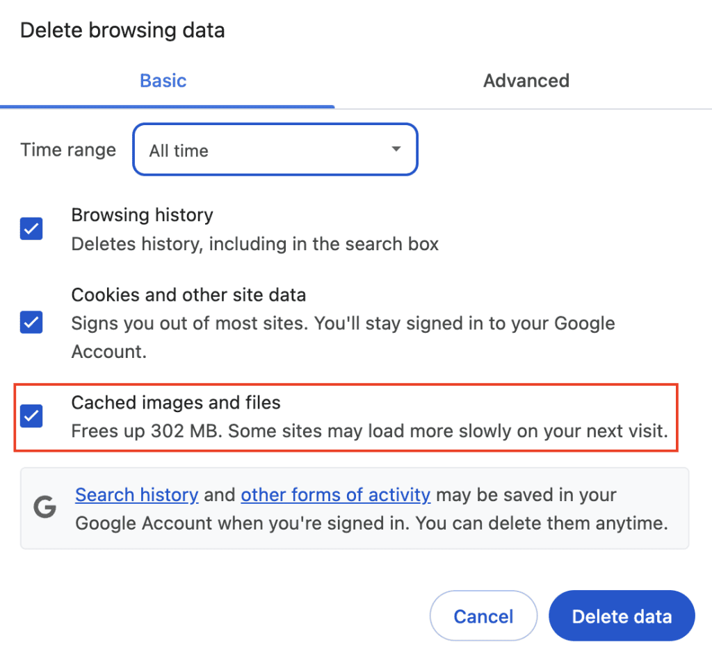 La casella di controllo Immagini e file memorizzati nella cache si trova nella finestra Elimina dati di navigazione di Google Chrome.
