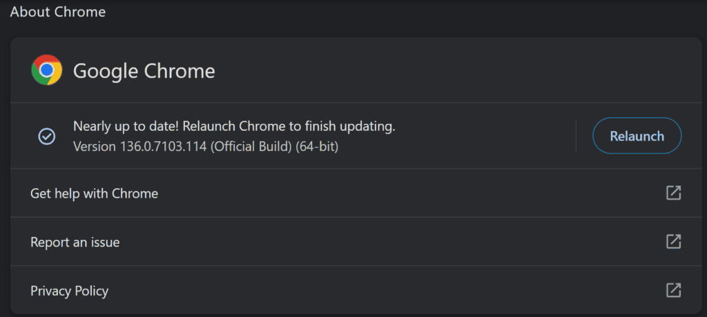 Il menu di aggiornamento di Google Chrome