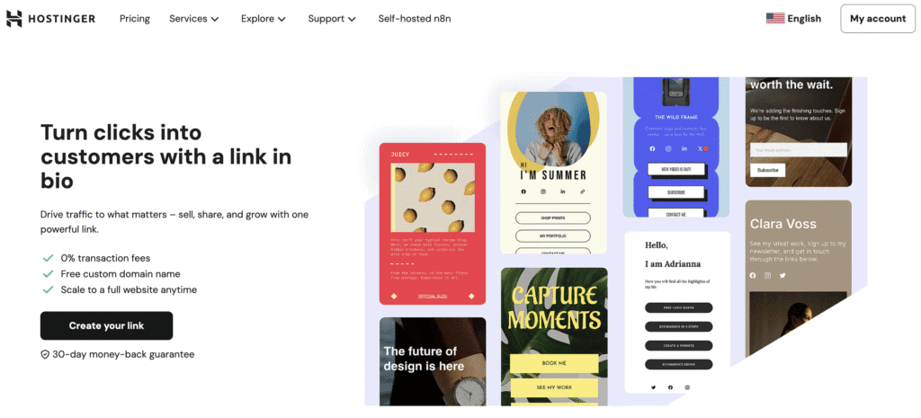 Landing page dello strumento link in bio di Hostinger