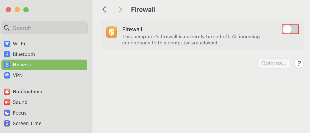 Evidenziata la levetta del Firewall di MacOS