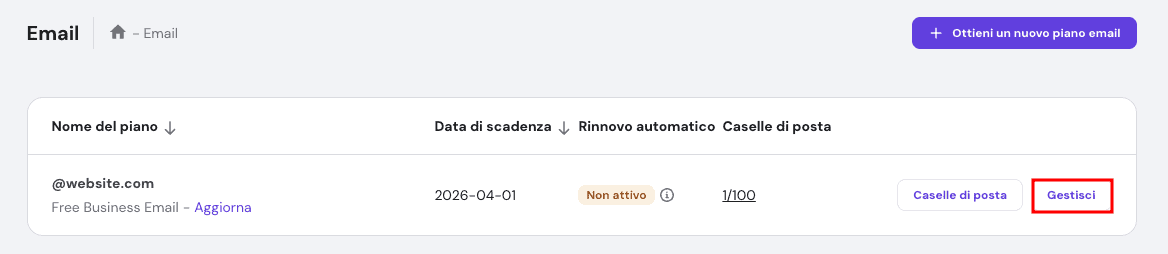La scheda Email di hPanel con la voce Gestione evidenziata
