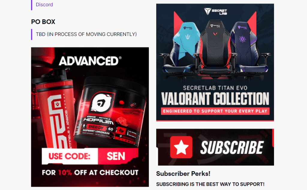 Marchi sponsorizzati presenti nella descrizione del flusso Twitch di TenZ