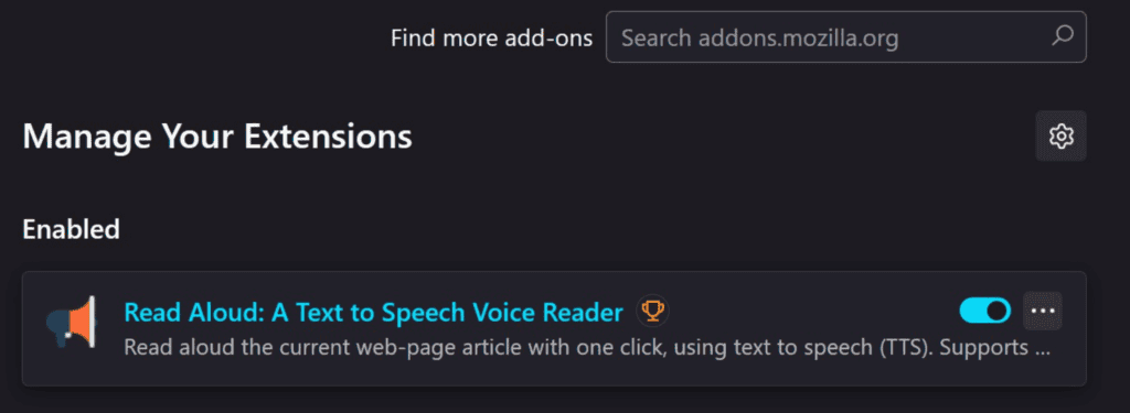 Il menu di gestione delle estensioni di Firefox