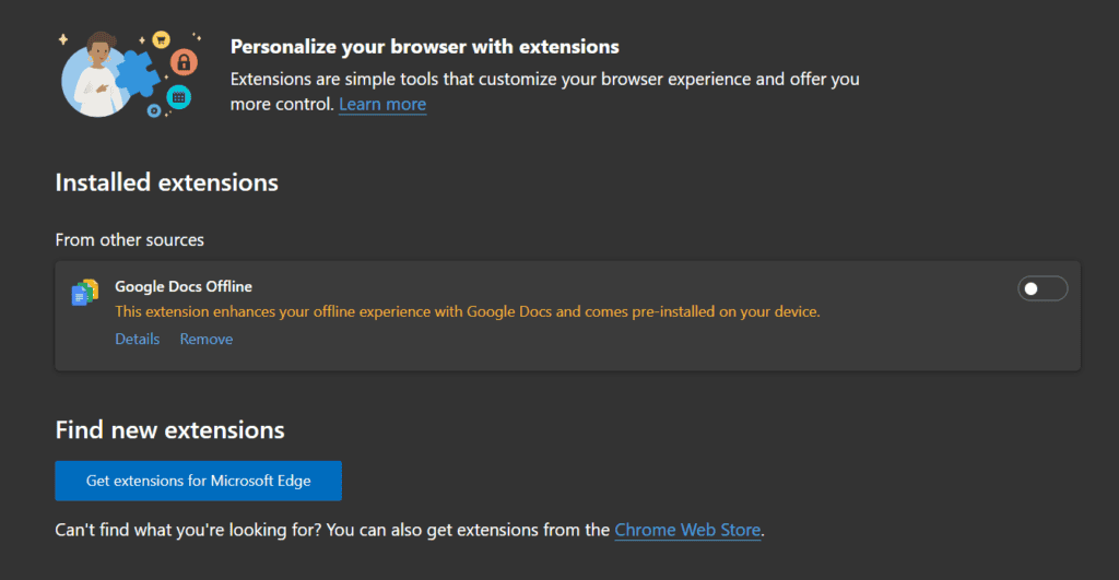 Menu di gestione delle estensioni di Microsoft Edge