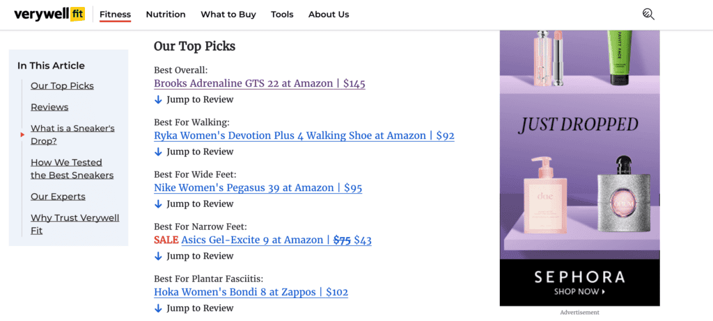 Un post del blog di Verywell Fit, che mostra i link di affiliazione incorporati