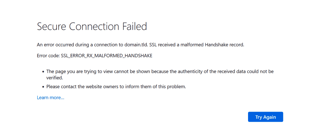 L'aspetto di ERR_SSL_PROTOCOL_ERROR in Firefox
