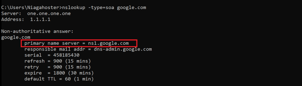 comando nslookup type soa