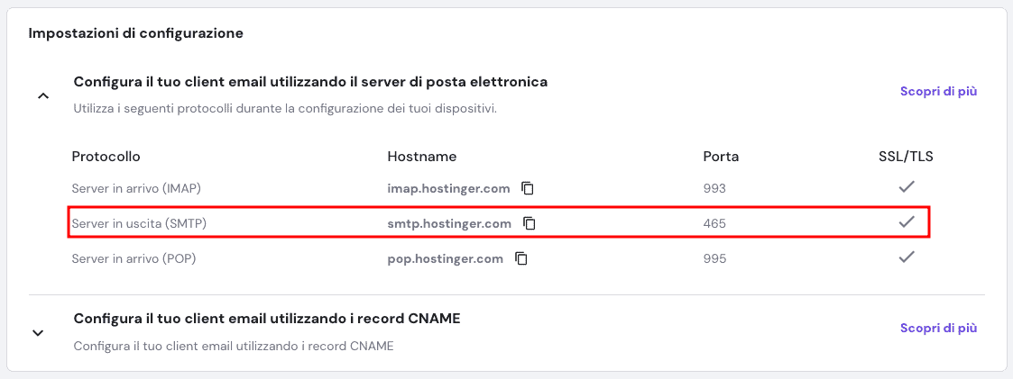 Le impostazioni di configurazione nel menu Email di hPanel con i dettagli del server in uscita (SMTP) evidenziati