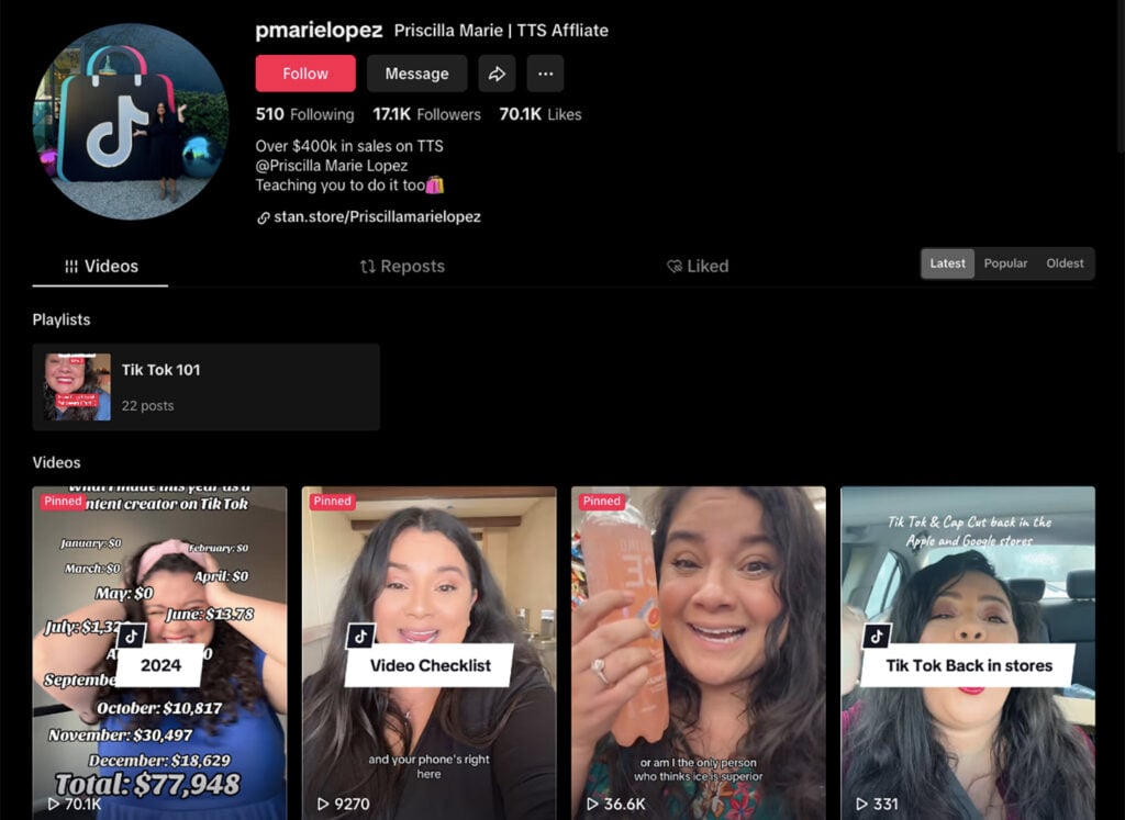 Il profilo TikTok di Priscilla Lopez che evidenzia i guadagni degli affiliati