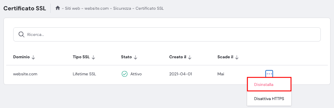 L'opzione Disinstalla nella pagina del certificato SSL di hPanel