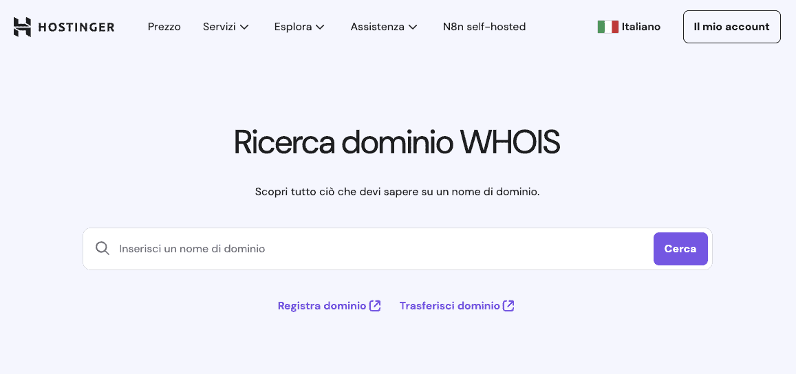 Hostinger WHOIS pagina di destinazione per la ricerca di domini con barra di ricerca