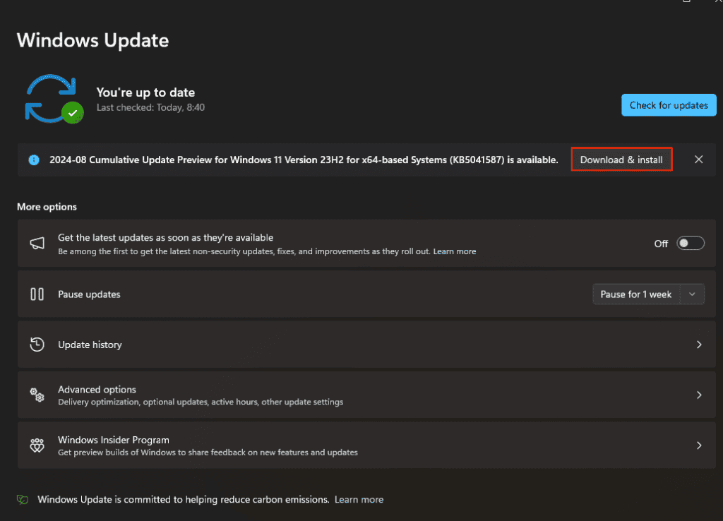 Il pulsante Scarica e installa del menu di aggiornamento di Windows &egrave; evidenziato