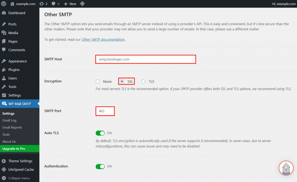 le impostazioni del client di posta elettronica WP Mail SMTP nella dashboard di WordPress, con l'host SMTP, la crittografia e la porta SMTP evidenziati.