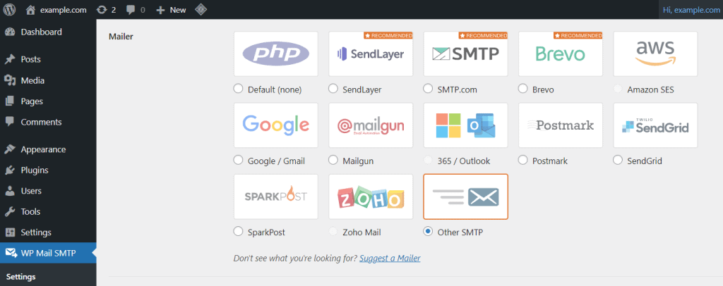 le impostazioni del client di posta elettronica WP Mail SMTP nella dashboard di WordPress con l'opzione Altro SMTP evidenziata.